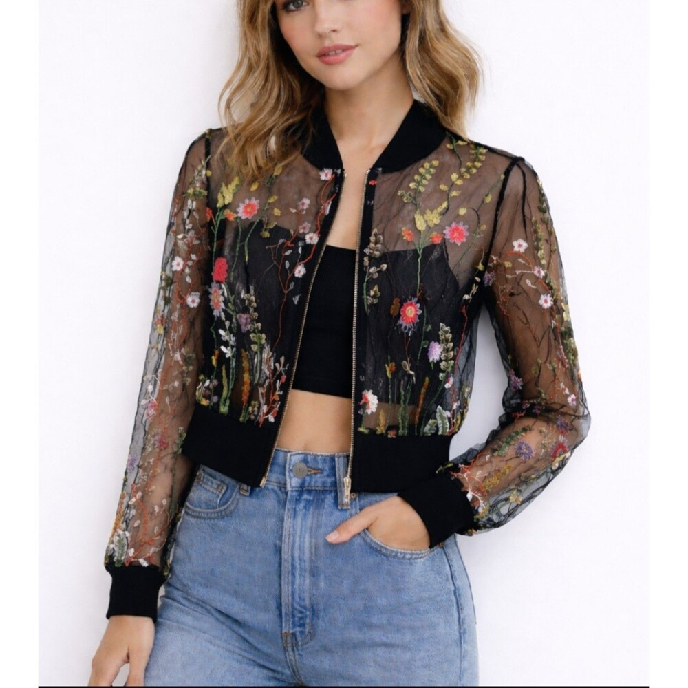 Iris floral embroidery sheer lace bomber jacket Sz M whimsigoth black fairy core